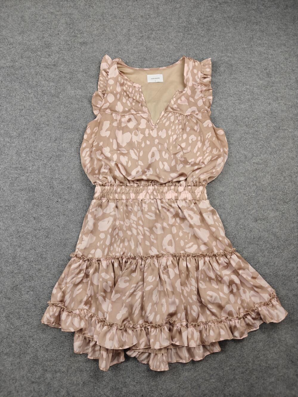 Adrienne Romper Womens Small Beige Animal Print One-Piece V Neck Ruffle